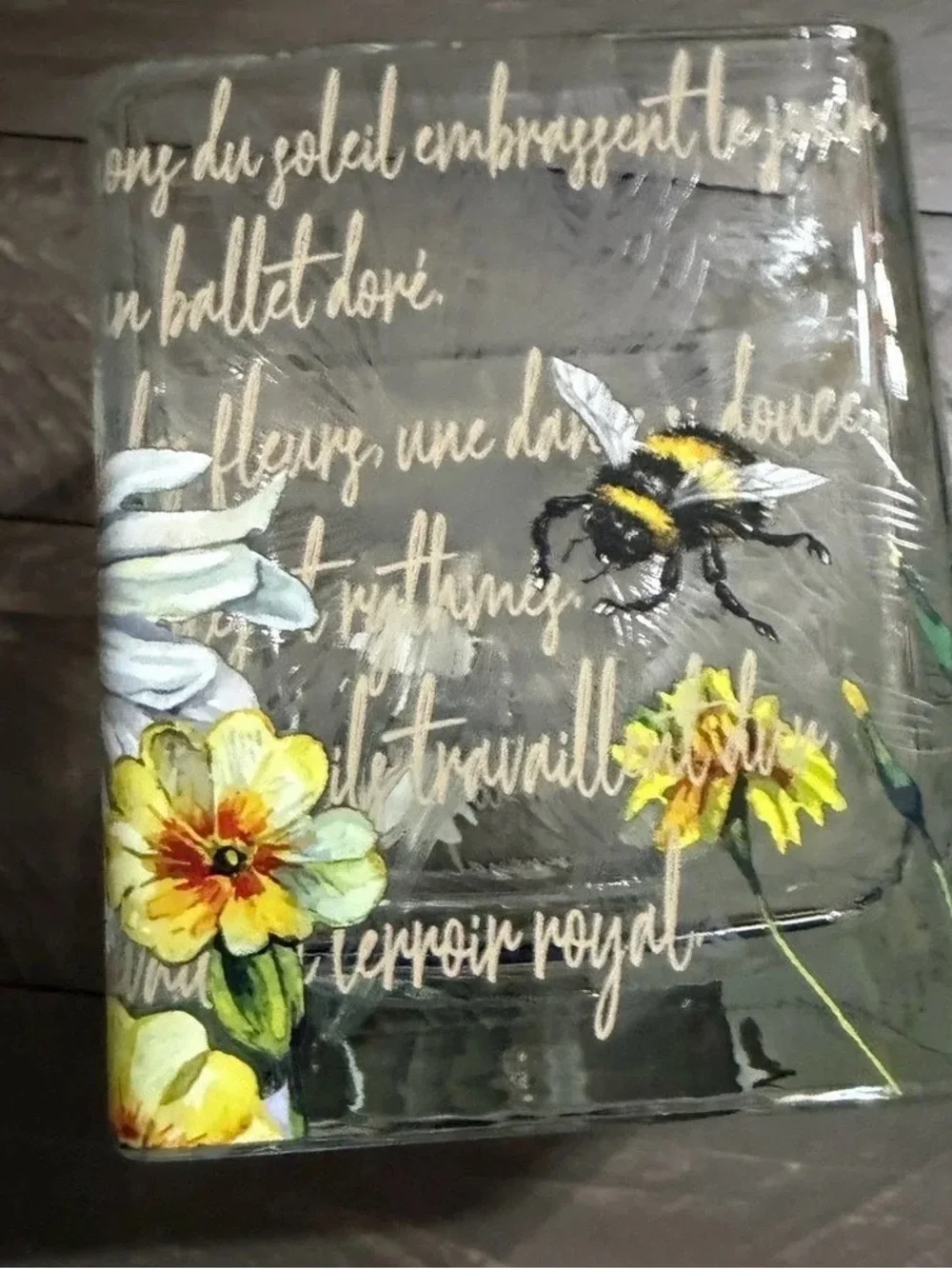 Glass Floral & Bumblebee Votive Candle Holder — Yellow Accents